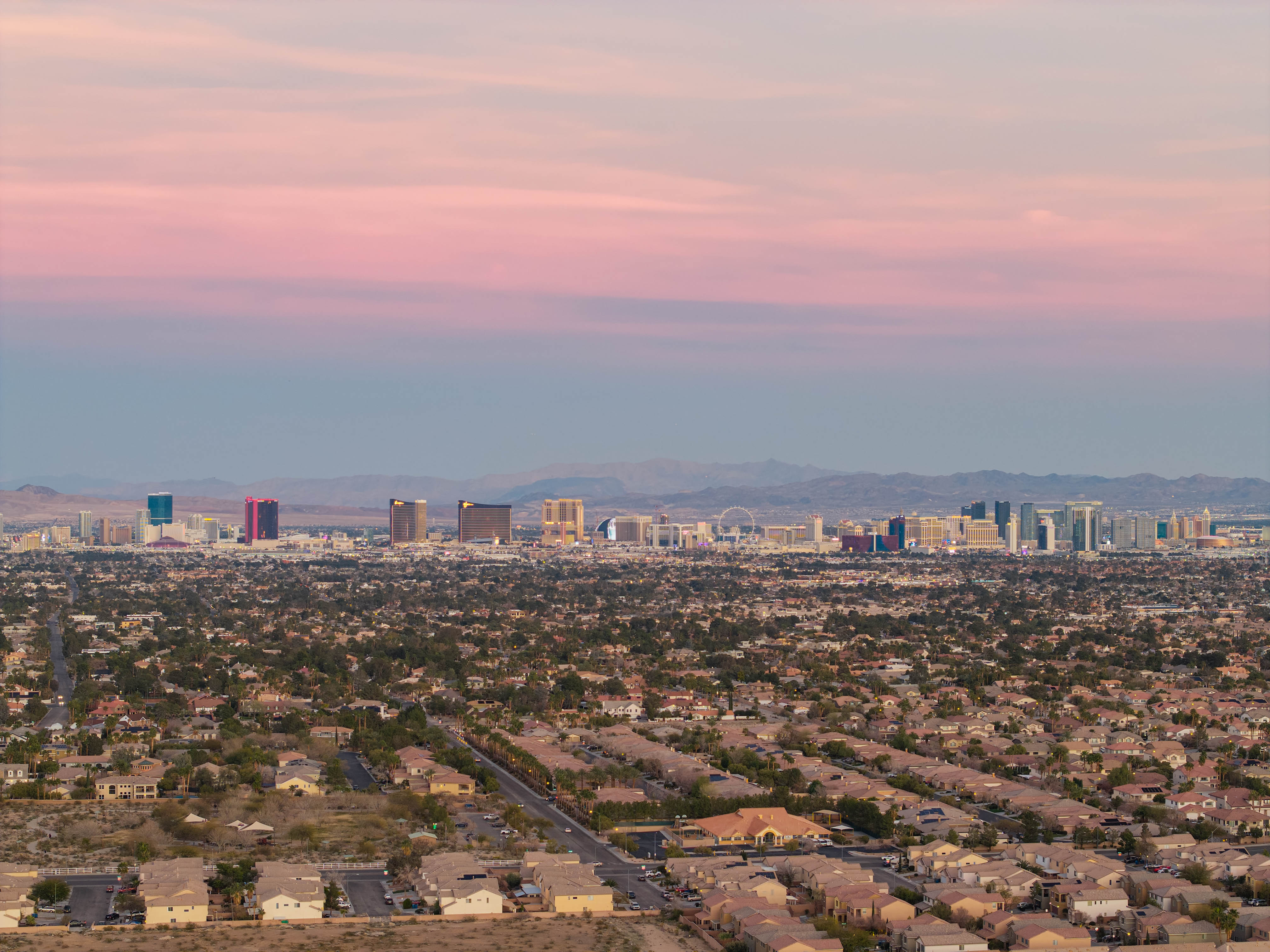 Las Vegas skyline aerial at sunset