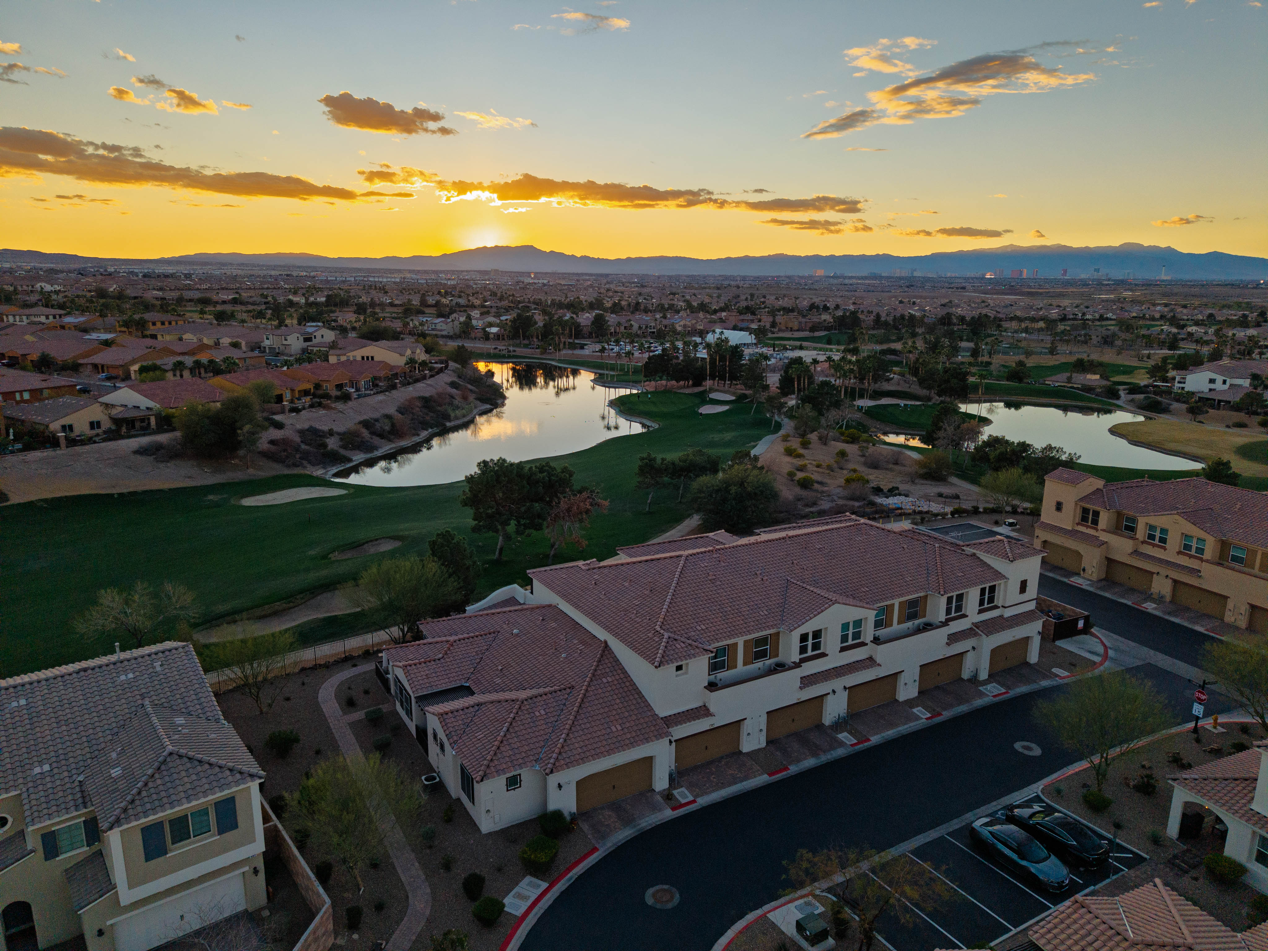 Las Vegas aerial sunset over homes and golf course