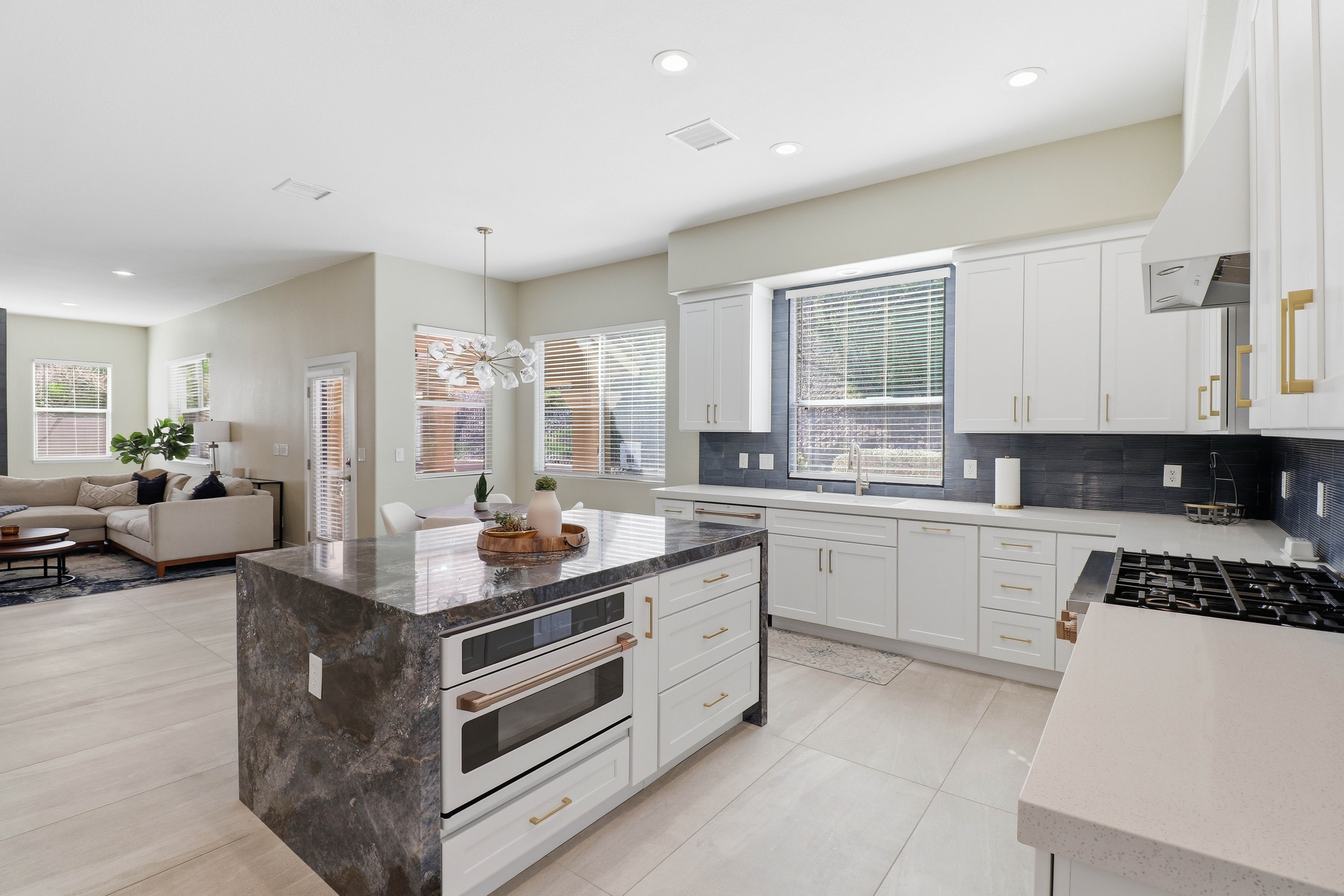 Bright real estate kitchen and living area photography